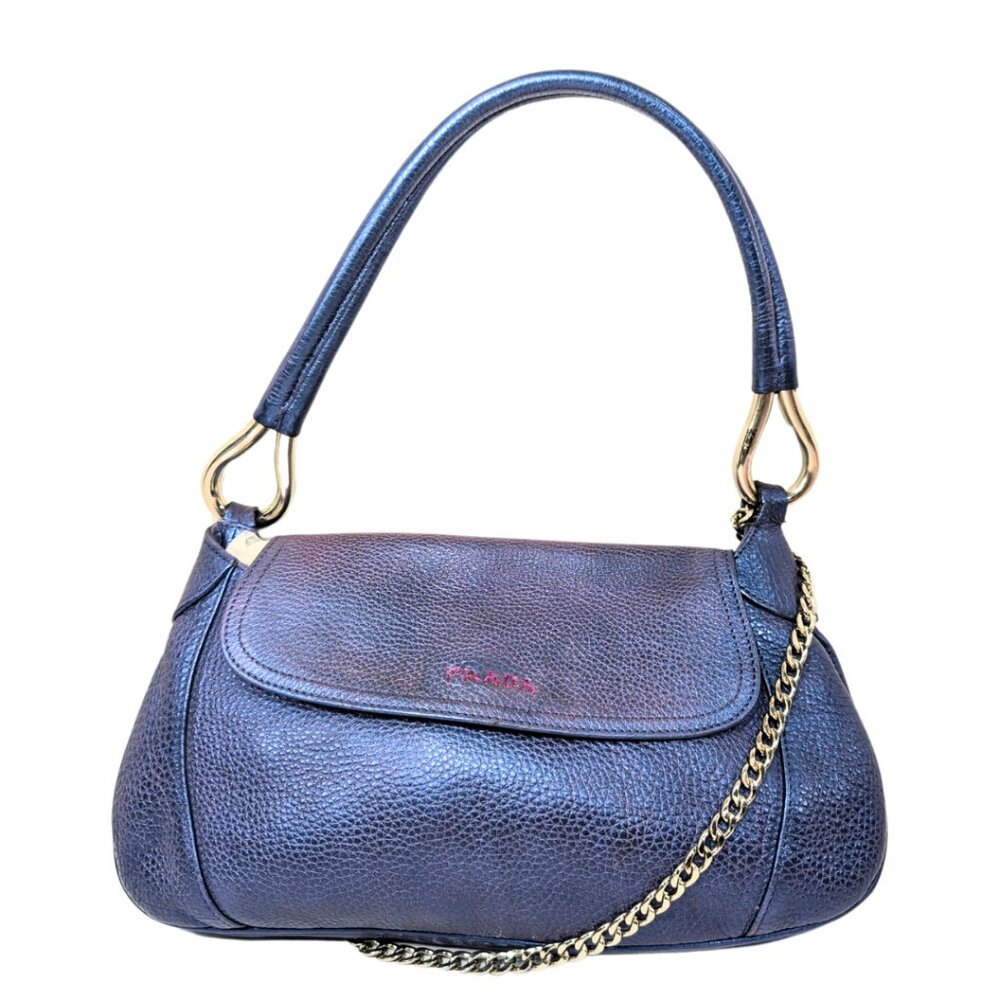 Prada Vitello Daino Blue Purple Iridescent Leather Flap Shoulder Bag Crossbody